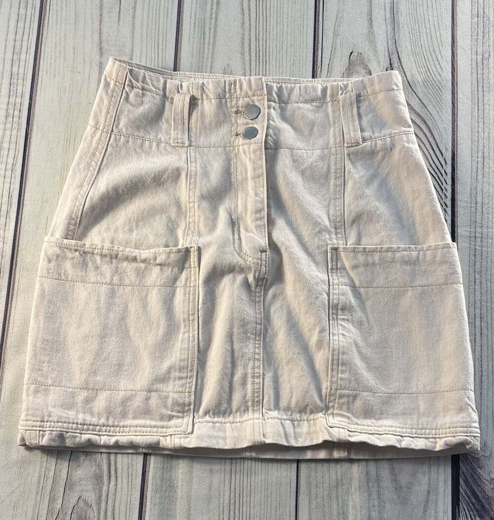 Stradivarius Off White Denim Mini Skirt Button Front Size 6 Pockets